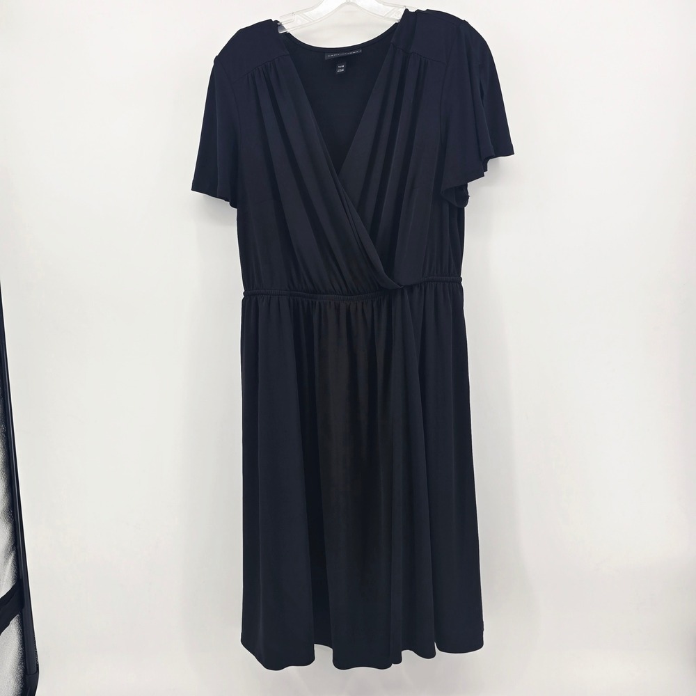 Lane Bryant Womens 14/16 Black Faux Wrap Midi Dress Flutter Sleeve Stretch